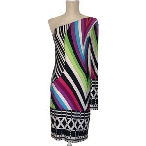 Abstract vibrant colored Analili mini off the shoulder dress in size small